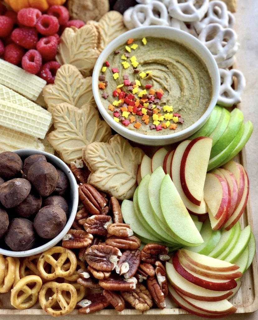 fall dessert board with pumpkin pie hummus