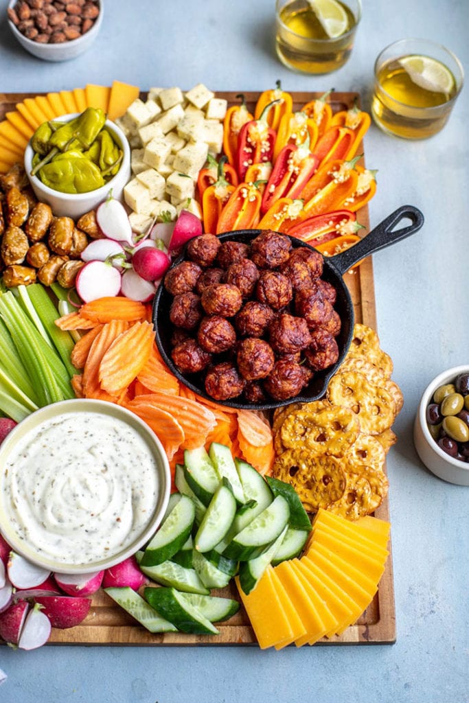 game day charcuterie board with meatballs