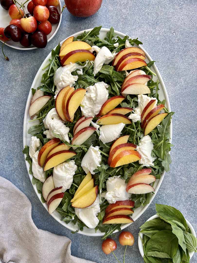 peach burrata and cherry salad