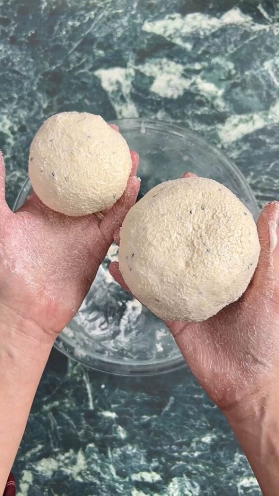 Snowman cheese ball shape into ball
